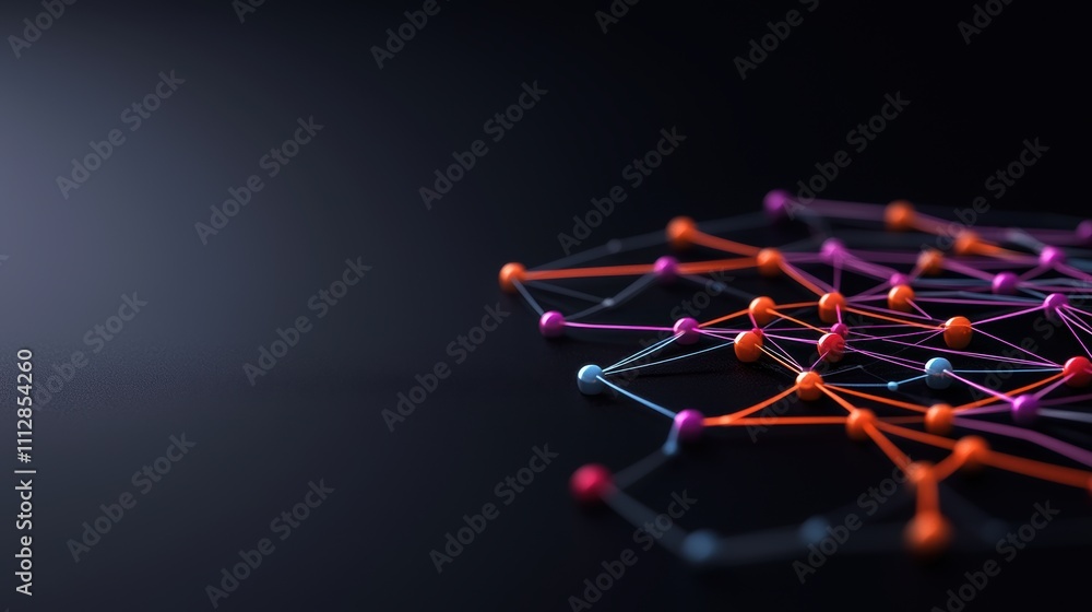 Poster colorful connected nodes and lines forming a network on a dark background. abstract 3d illustration 