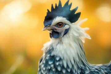 Fototapeta premium A fancy chicken with frizzy blue and white feathers, bright eyes, and a dramatic crest, captured in natural light with a blurred field backdrop.