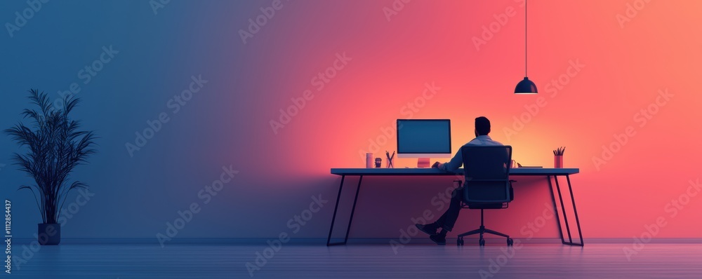 Poster man sitting at a desk working on a computer in a room with gradient blue and orange lighting