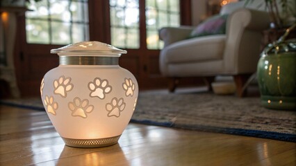 A pastel-glowing urn for cat ashes, accompanied by a tiny ball of yarn