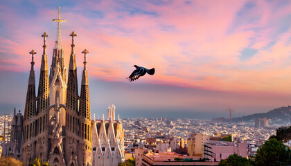 In the heart of Barcelona, the stunning Sagrada Familia towers against a colorful sky. A small pigeon glides gracefully, embodying the spirit of travel and wanderlust at dusk