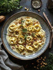 Aromatic pasta dish. Creamy sauce, delicate tortellini, and toasted nuts create a delightful culinary experience.