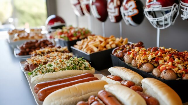 game day food setup, snack bar at super bowl with hot dogs, sausages, toppings, and football decor like helmets and team banners - Powered by Adobe