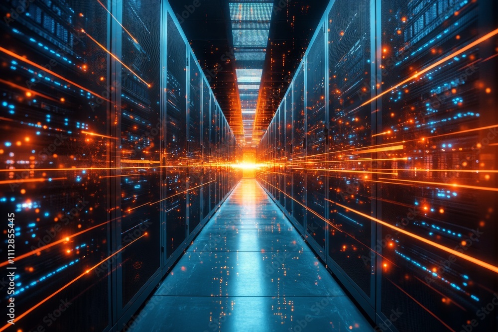 Aufkleber data center illuminated by vibrant light beams creating a dynamic and futuristic atmosphere