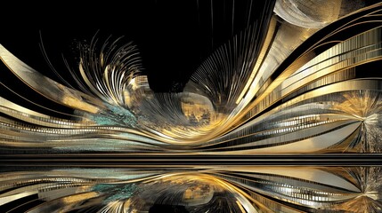 A dramatic interior stage setting in gold. silver and green, with a black background and a reflective black floor