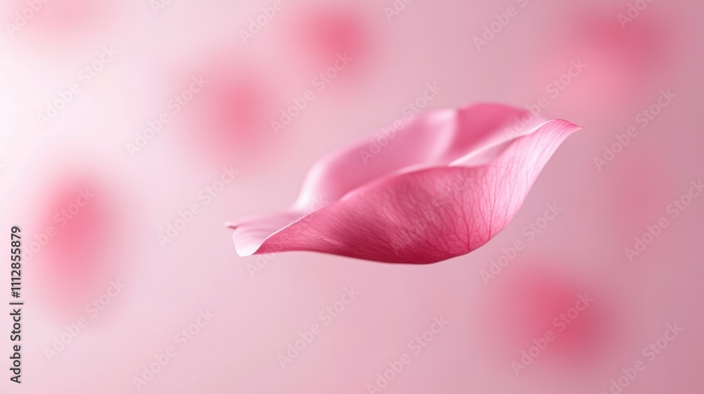 Poster single pink rose petal floating on a soft pink gradient background. macro shot with blurred bokeh ef