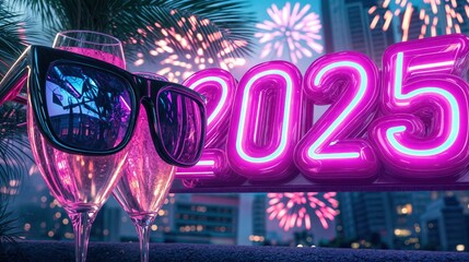 Neon pink 2025 numbers with sunglasses and champagne glasses in a vibrant cityscape setting featuring fireworks and palm trees

