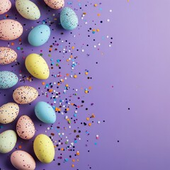 Various pastel colored easter eggs with speckles are arranged on a light purple surface