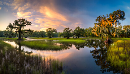 Obraz premium In the heart of Savannah Marshlands, vibrant green grass sways gently beside winding water channels. Ancient trees draped in Spanish moss reflect warmth as sunset paints the sky in soft hues