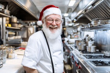 smiling santa claus in restaurant kitchen