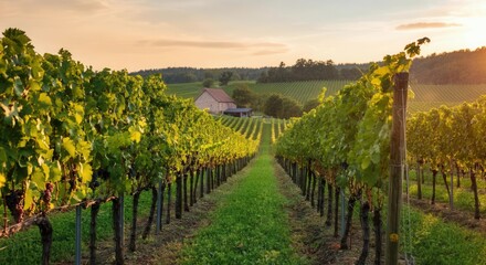 Naklejka premium Serene vineyard landscape at sunset with lush green vines