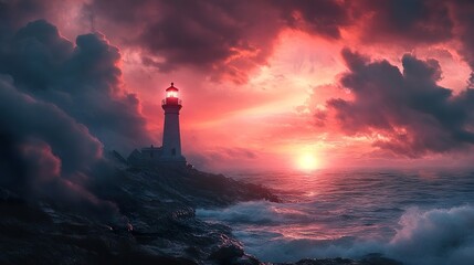 Enchanting lighthouse on a rocky shore during a dramatic sunset