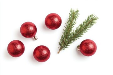 Red christmas baubles an pine isolated on white background 