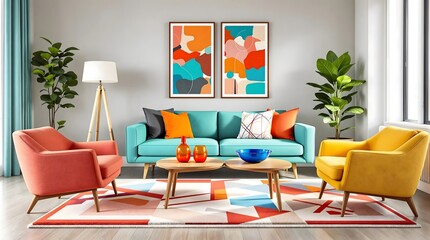 Bright Living Room with Turquoise Sofa, Orange Chairs, and Geometric Decor (Interior Design)