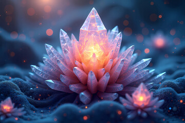 Fototapeta premium The luminous crystal flower is pink and blue with glitter on a dark background 