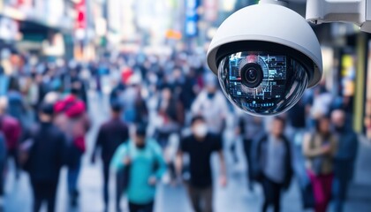 Fototapeta premium Advanced Technology Monitoring: High-Level Security Footage Capturing Urban Crowds With Facial Recognition And Data Analysis In City Streets.
