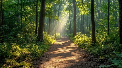 Enchanting forest path illuminated by soft rays of sunlight filtering through the trees
