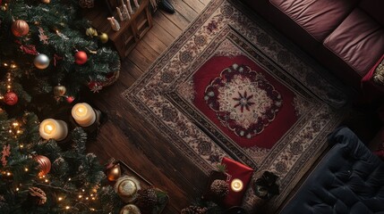 Top view of a cozy Christmas interior with decorated tree, glowing candles, and traditional red rug on a wooden floor
