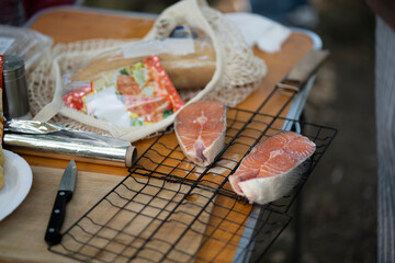 Two raw salmon steaks are placed on a wire rack for grilling during an outdoor picnic