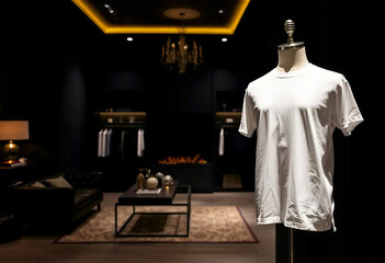 Fototapeta premium White T Shirt Display in Modern Minimalist Retail Store with Dark Industrial Backdrop Geometric Patterns and Subtle Accent Lighting