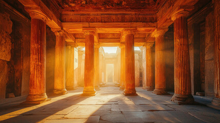 Ancient temple ruins with sunlit columns in warm glow of golden light, concept of antique interior, porch, sunlight.