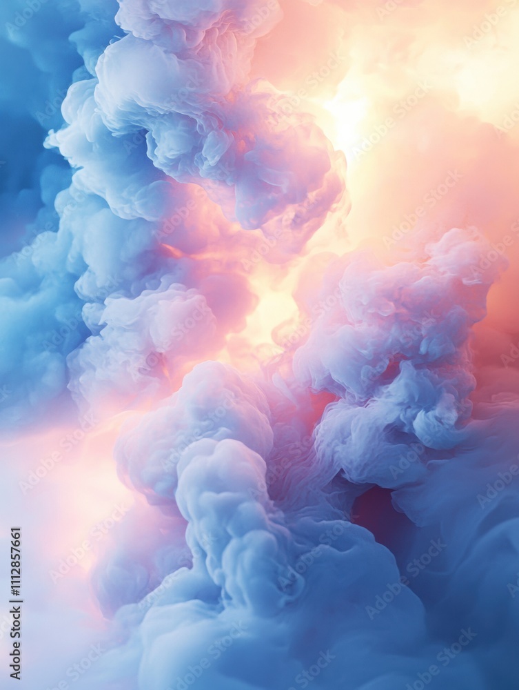 Poster fluffy clouds with glowing edges float against a pastel gradient background blending hues of blue an