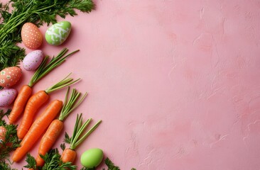 Colorful spring decorations for Easter celebration featuring eggs, carrots, and a bunny