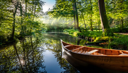 In the serene Spreewald, a small wooden canoe quietly rests by the shimmering waters, surrounded by lush greenery, bathed in soft morning light, inviting exploration and tranquility