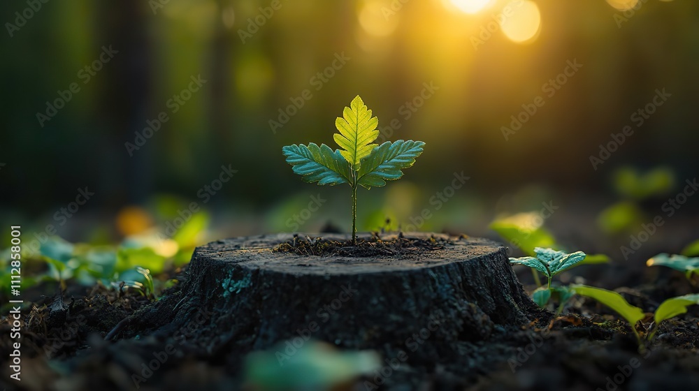 Poster young tree emerging from old tree stump in forest nature concep