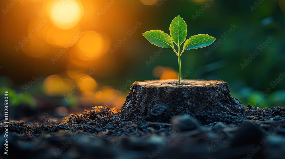 Poster young tree emerging from old tree stump in forest nature concep