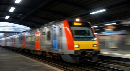 Speeding commuter train arriving at city station platform