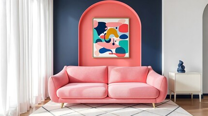 Dynamic living room with coral pink sofa and modern abstract artwork (Interior Design)