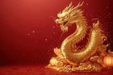 Obraz premium A golden dragon sculpture on a red background, symbolizing prosperity and luck.
