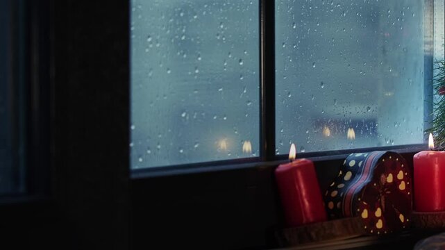 Holy Christmas New Year Eve Decoration and Gift Boxes on Candle Light Near the Window Glass in Rainy Day