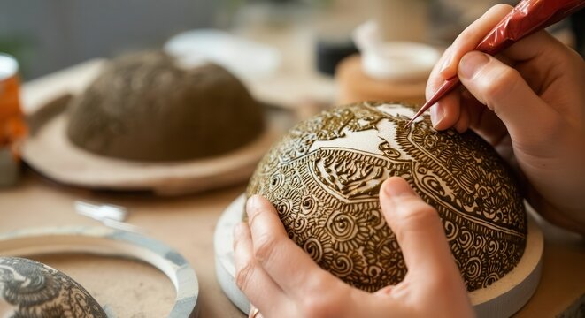 Artisan crafting intricate pottery designs hand - Powered by Adobe