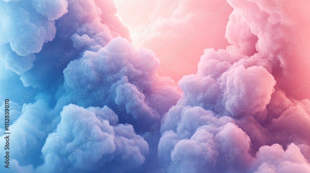 Poster fluffy cloud textures create an ethereal landscape, blending soft blue and pink gradients for a drea
