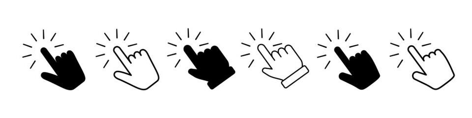 Hand cursor icon. Mouse click. Pointer arrow set. Hand swipe.
Vector illustration