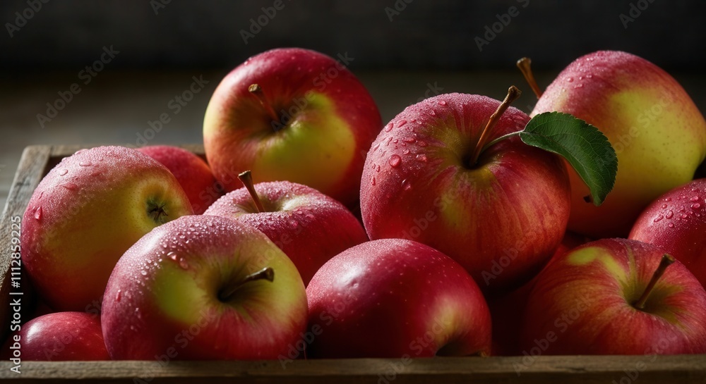 Canvas Prints fresh dewy apples in wooden crate on rustic background