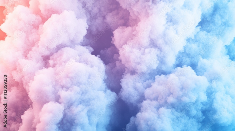 Poster three-dimensional fluffy clouds with glowing edges float against a pastel gradient background of blu