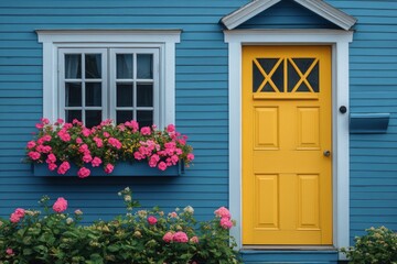 Bright yellow door framed by vibrant flowers on a blue house exterior