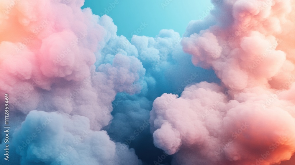 Poster fluffy, colorful clouds with glowing edges float softly against a calming blue and pink gradient bac