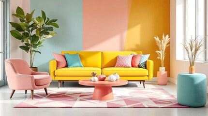 Colorful Living Room with Yellow Sofa and Blush Pink Wall Decor (Interior Design)