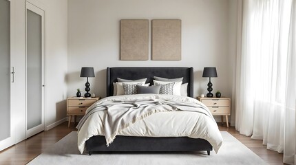 Elegant bedroom with charcoal gray upholstery and ivory details (Interior Design)