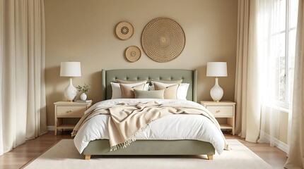 Cozy bedroom with sage green accents and warm beige walls (Interior Design)