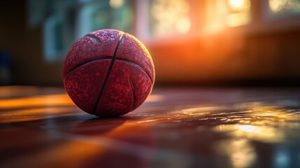 High-Resolution Image of a Single Orange Basketball on a Gym Floor, Ideal for Sports Websites, Print Media, and Marketing Materials.