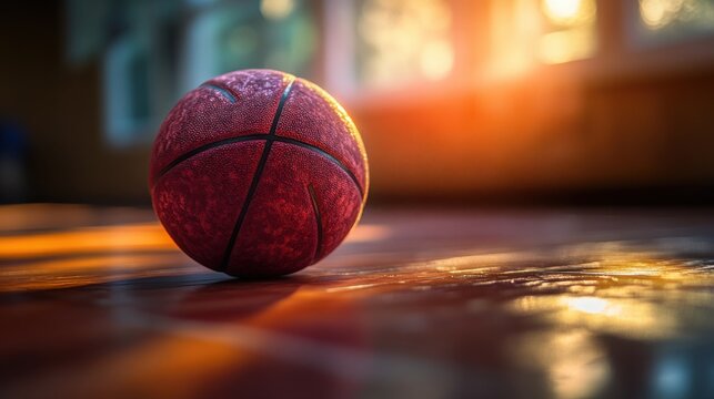 High-Resolution Image of a Single Orange Basketball on a Gym Floor, Ideal for Sports Websites, Print Media, and Marketing Materials.