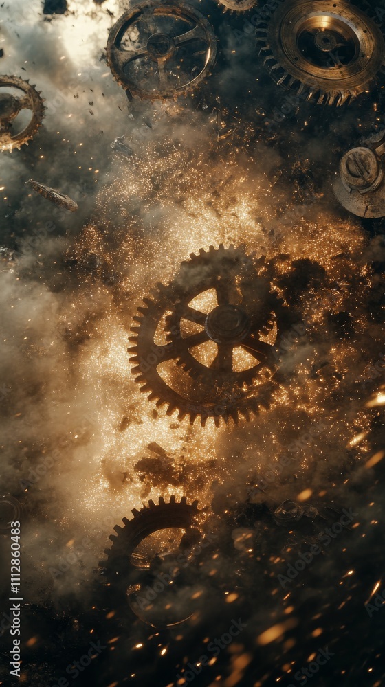 Poster mechanical gears floating through an explosion of sparks and dust in a dramatic setting
