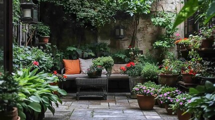 Obraz premium Beautifully designed outdoor patio with lush greenery and flowers