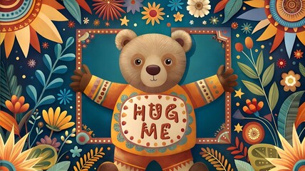 Colorful teddy bear with "HUG ME" sign, surrounded by vibrant floral patterns