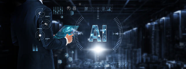 AI (Artificial Intelligence): Businessman controls and monitors AI technology system on digital...